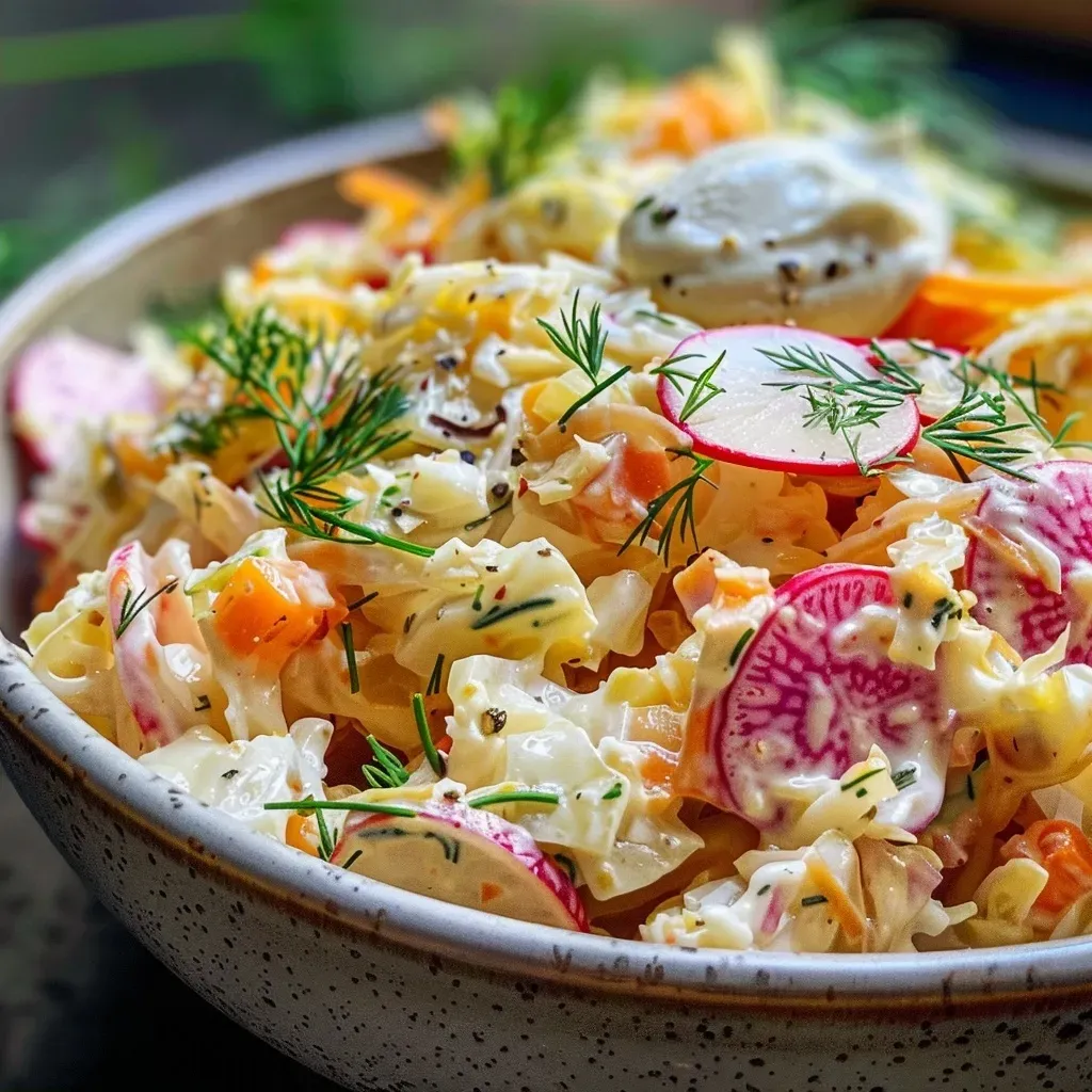 Side view of a bowl of Krautsalat, showcasing colorful ingredients like pointed cabbage and fresh herbs.