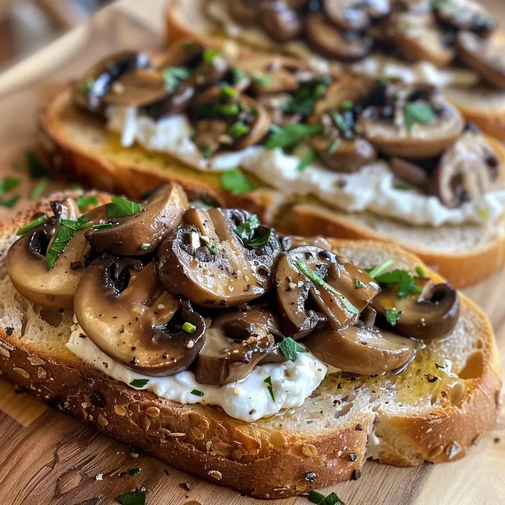 Side view of a slice of Lemony Mushroom Mascarpone Toast on a plate.