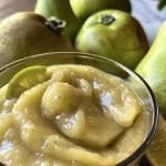 Close-up view of a bowl of lime ginger pear sauce with chunks of pear visible.