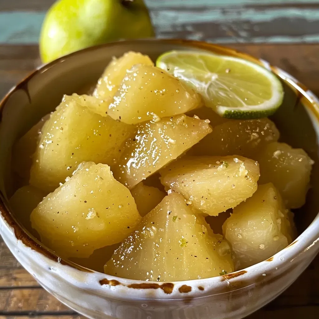Side view of a delicious lime ginger pear sauce in a glass bowl, showcasing its thick texture.