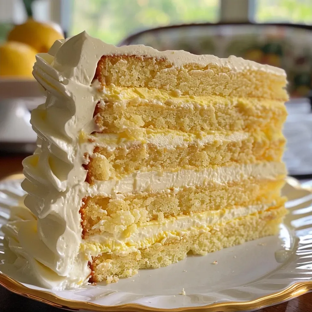 Close-up side view of a sliced Limoncello Cake, showcasing the layers and frosting.