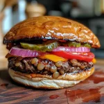 A close-up side view of a juicy loaded beefburger with melted cheese and condiments.