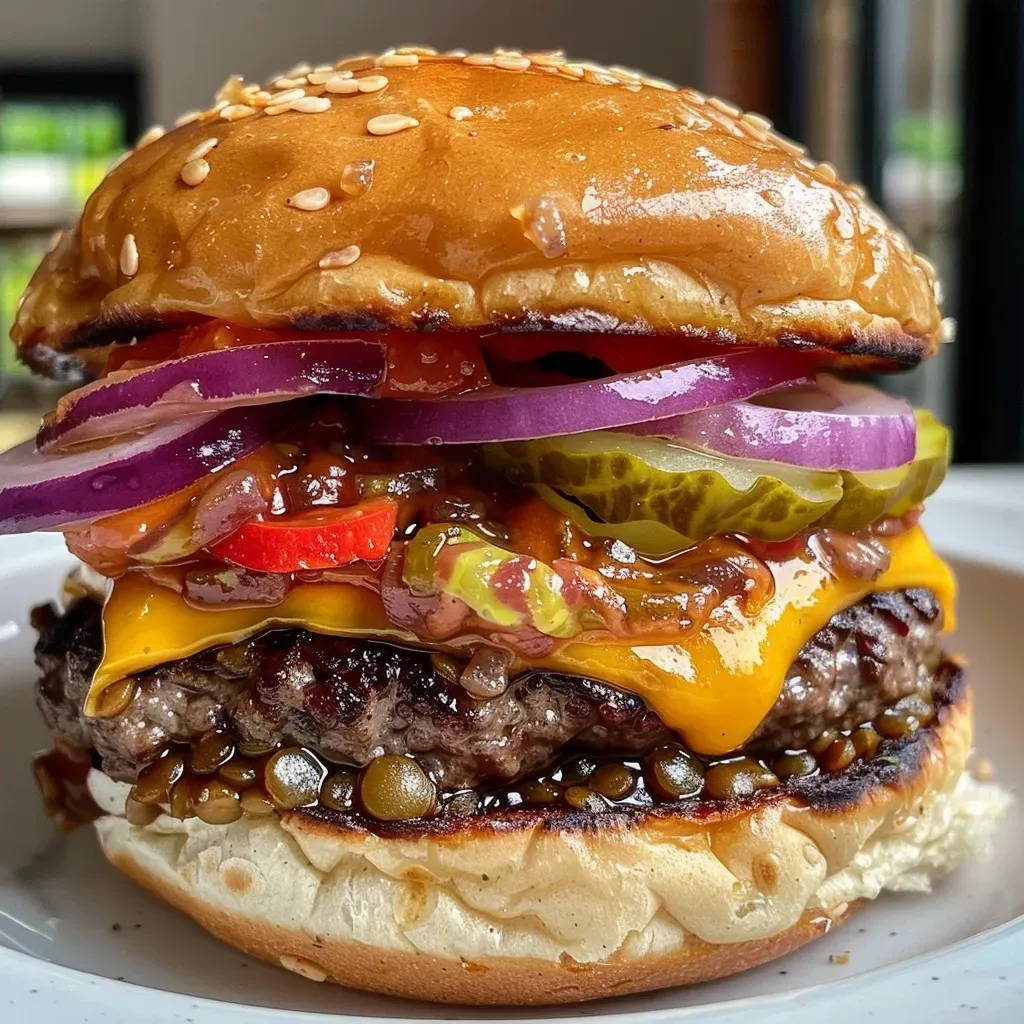 A mouthwatering beefburger stacked with toppings, showcasing cheese, lentils, and pickles.