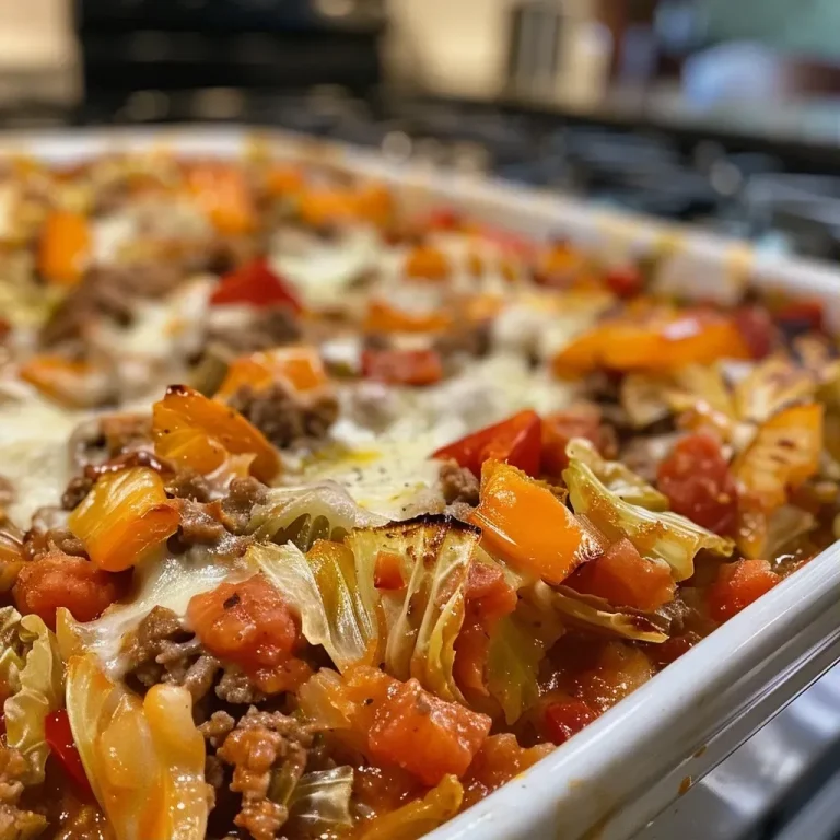 Close-up view of a low carb unstuffed cabbage casserole featuring ground beef, chopped vegetables, and melted cheese.
