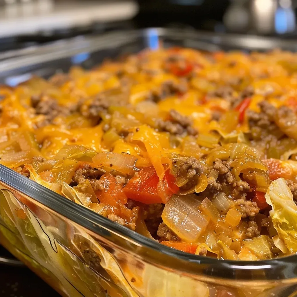 Side shot of a bubbling low carb unstuffed cabbage casserole served in a dish, showcasing layers of ingredients.