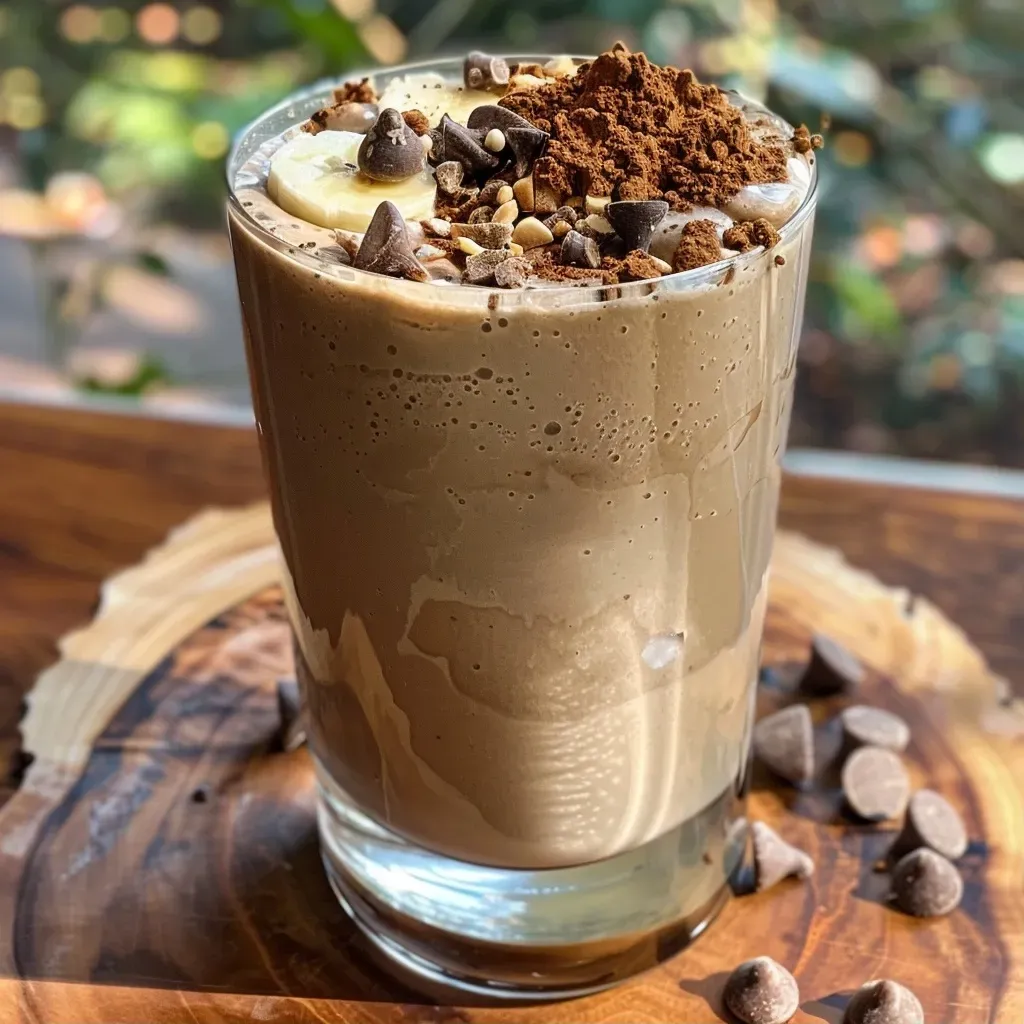 Close-up view of a creamy Magic Mushroom Smoothie in a glass, topped with chocolate hazelnut drizzle.