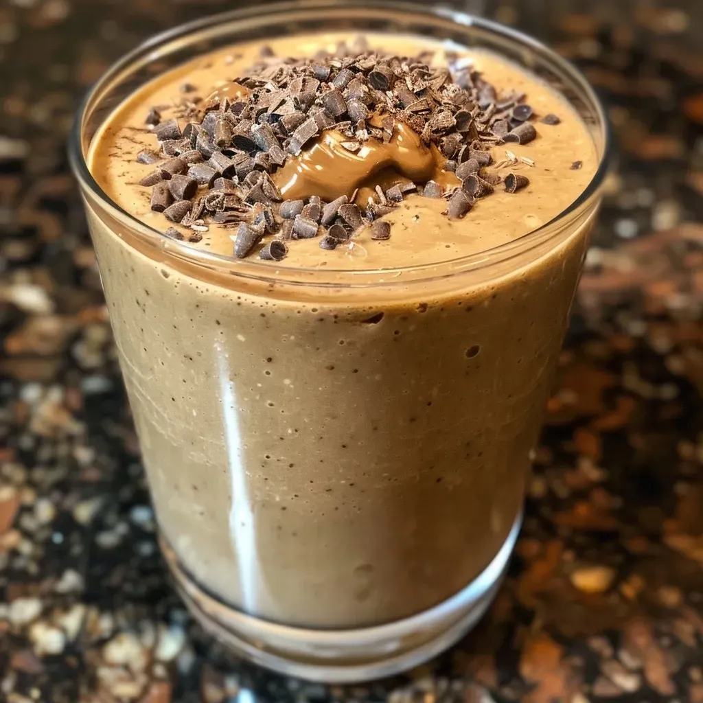 Side view of a thick smoothie with banana chunks, garnished with whipped cream and drizzled chocolate sauce.