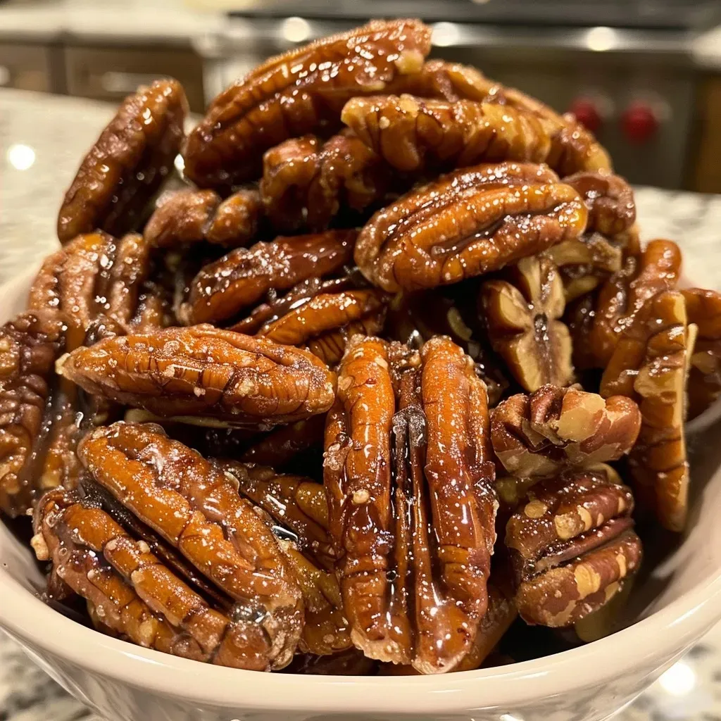 Side view of glistening maple candied pecans in a rustic bowl with a textured background.