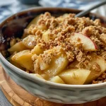 Close-up view of a golden-brown maple cinnamon apple crumble in a baking dish.