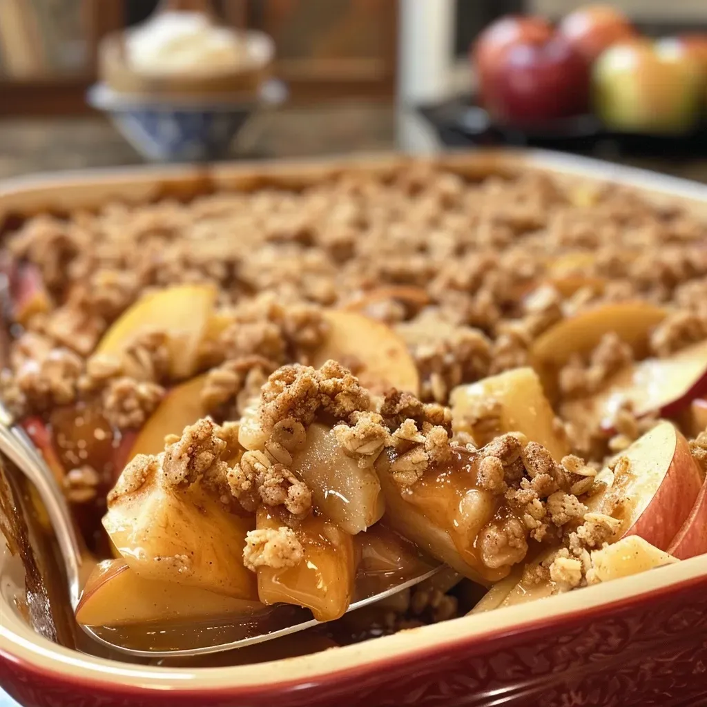 Side view of a delicious apple crumble topped with oats and cinnamon, served warm.
