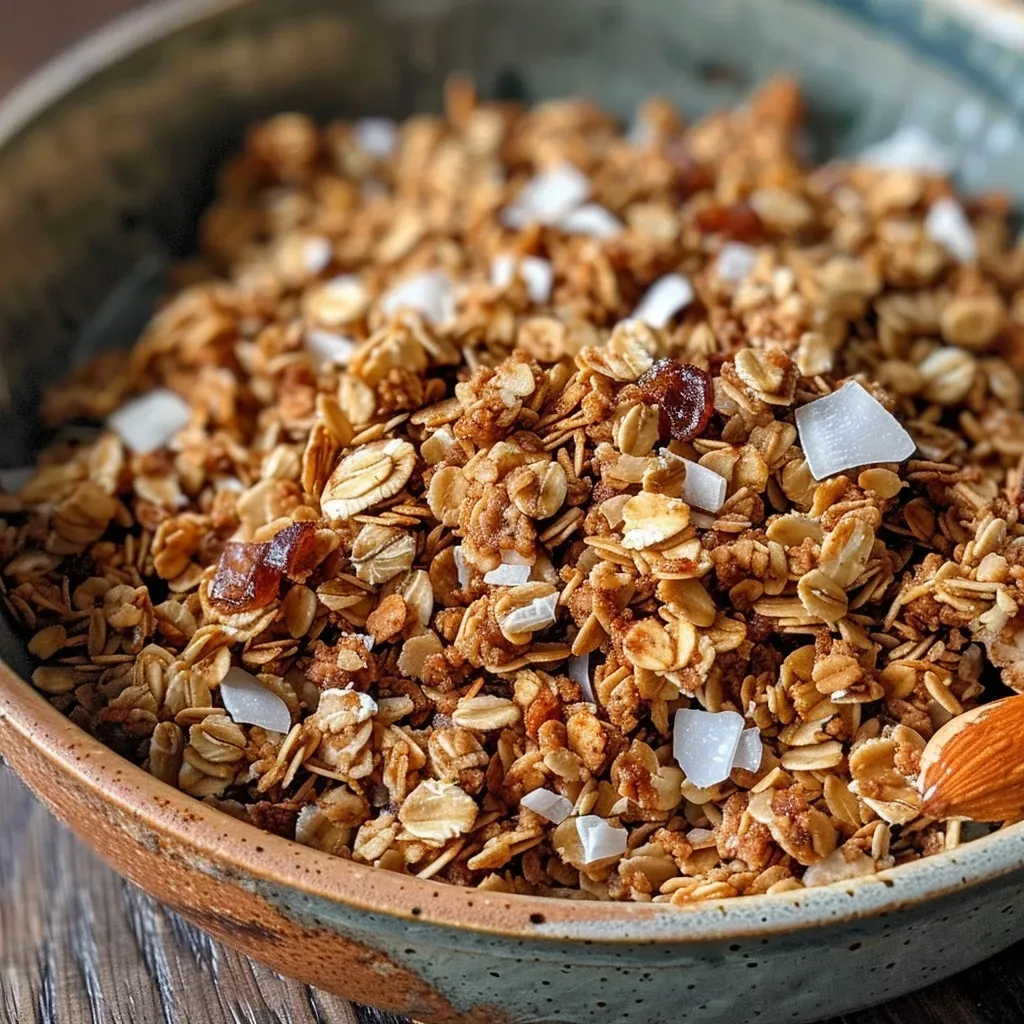 Side view of a delicious Maple Cinnamon Granola in a skillet, highlighting the texture and ingredients.
