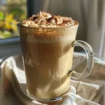 Close-up view of a Maple Cinnamon Protein Latte in a glass with whipped cream and a sprinkle of cinnamon.