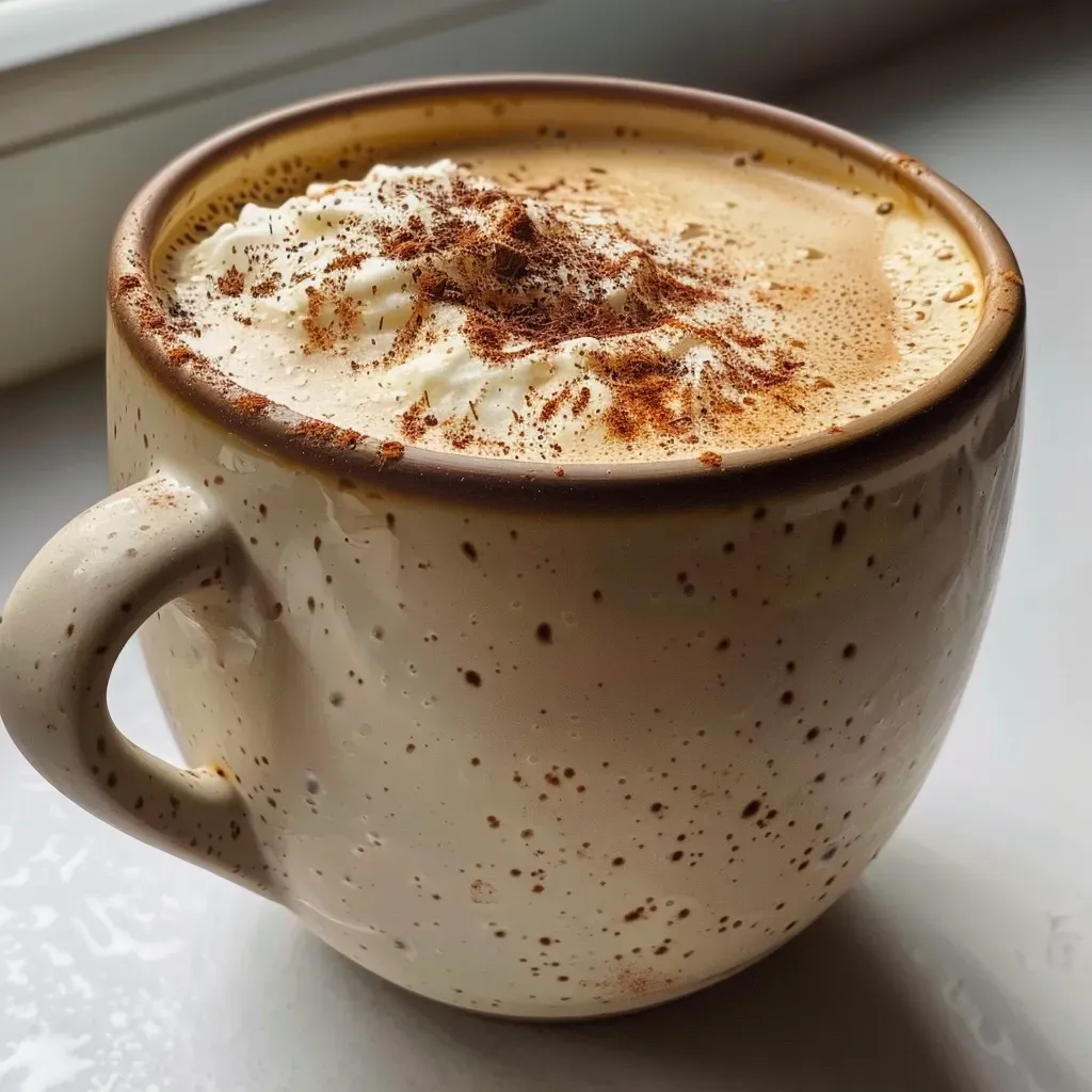 Side angle of a creamy latte topped with whipped cream and dusted with cinnamon, showcasing its rich color.