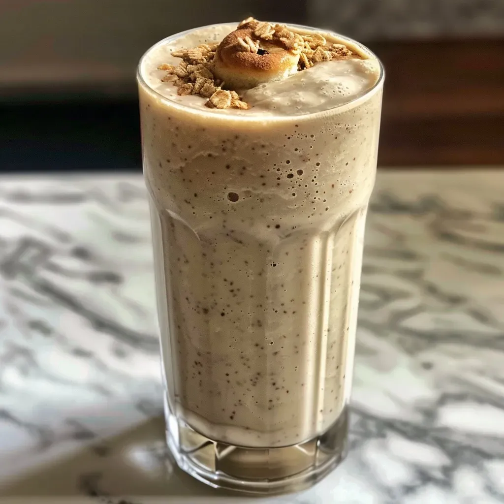 Close-up view of a creamy Maple Cinnamon Roll Smoothie in a clear glass, garnished with a sprinkle of cinnamon.