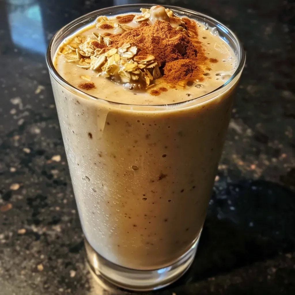 Side angle of a delicious Maple Cinnamon Roll Smoothie, showcasing its rich, smooth texture and color.