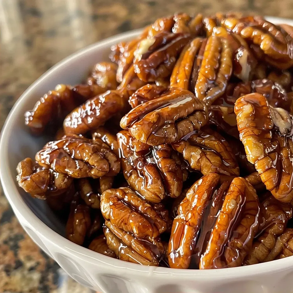Side view of caramelized pecans coated in a rich maple glaze.