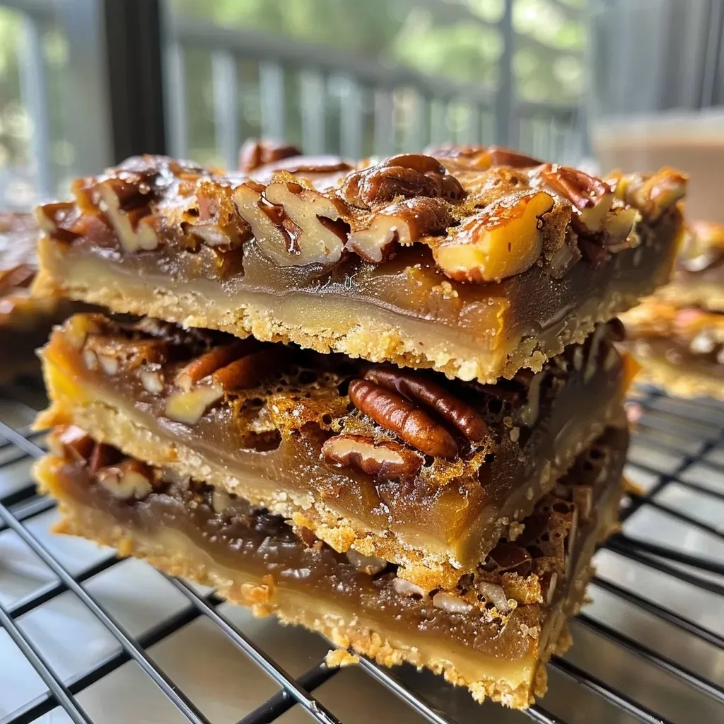 Close-up view of Maple Pecan Pie Bars, showcasing a golden-brown surface and chopped pecans.