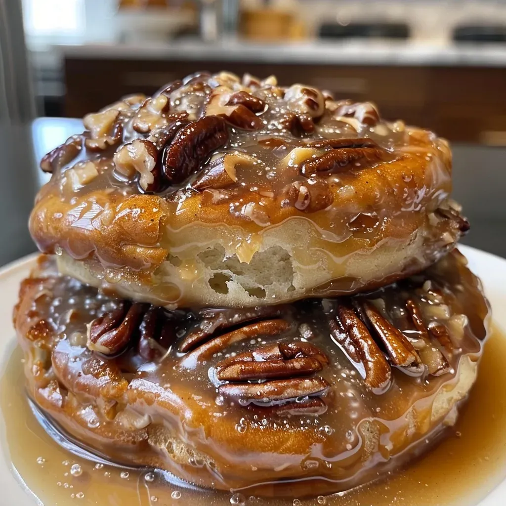 Side angle shot of sticky buns topped with maple syrup and pecans, showcasing their soft texture.
