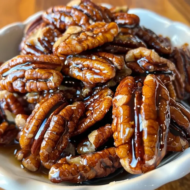 Close-up of glossy maple syrup candied pecans, highlighting their shiny surface.