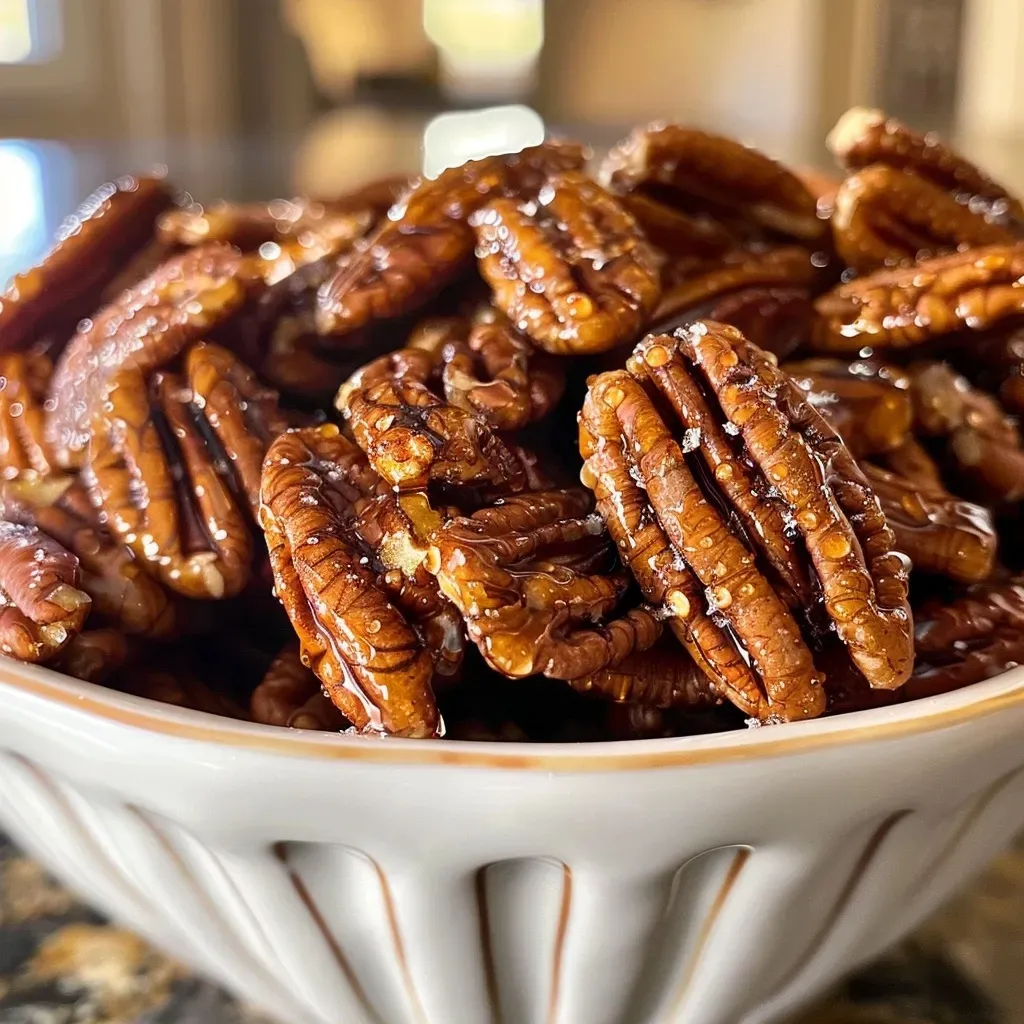 Side view of crunchy candied pecans coated in maple syrup, set against a neutral background.