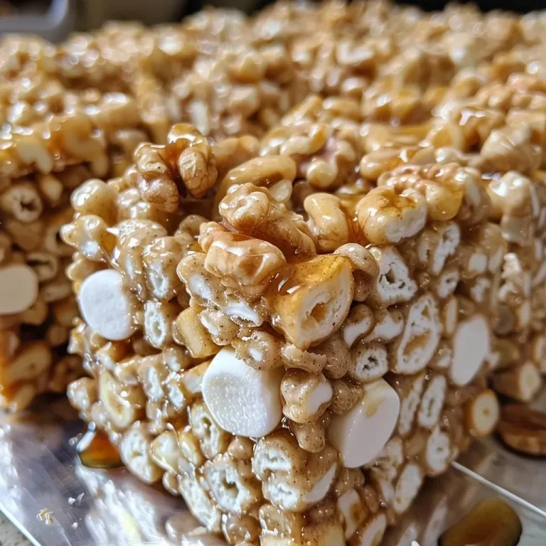 Close-up view of Maple Walnut Rice Krispie Treats stacked on a plate.