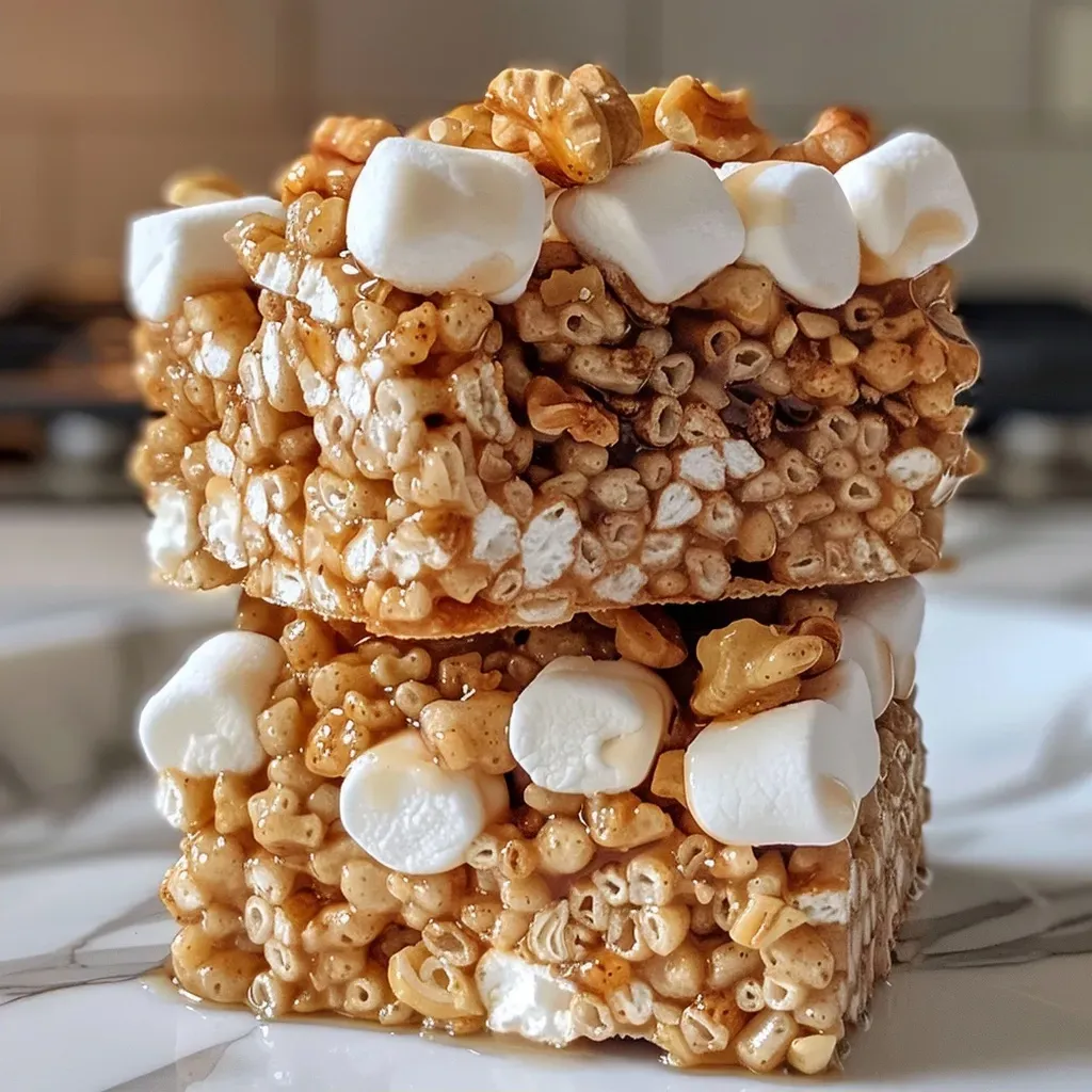 Side view of golden-brown Rice Krispie Treats topped with chopped walnuts.
