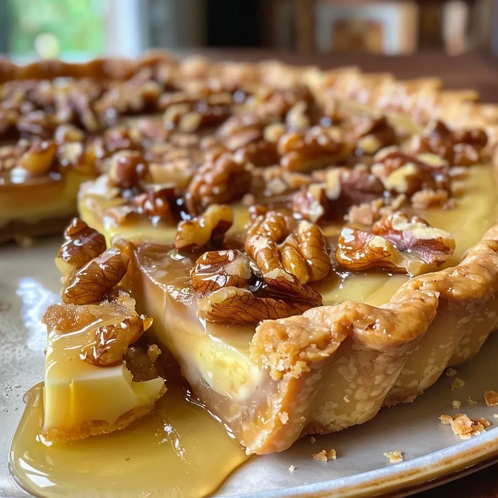 Close-up view of a Maple Walnut Tart with crust and topping visible.