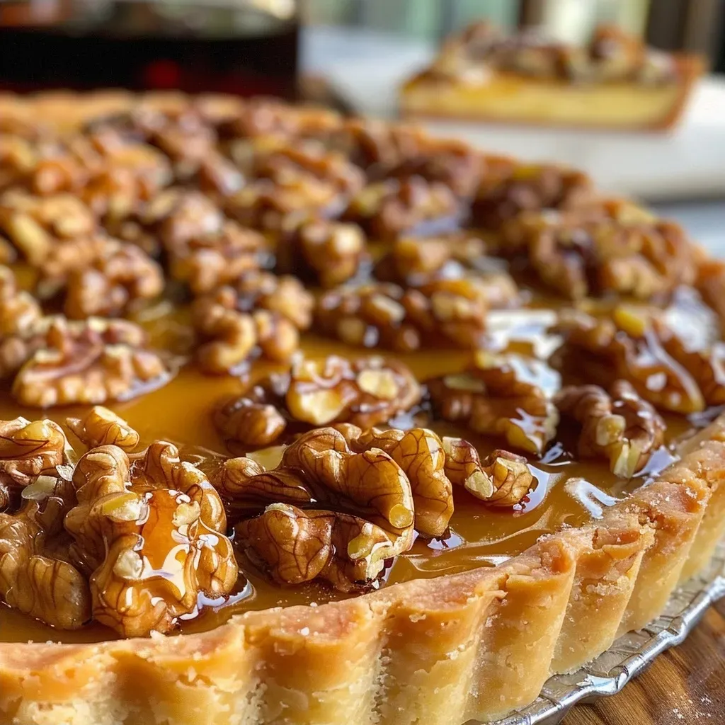 Side shot of a Maple Walnut Tart showcasing its golden crust and walnut topping.