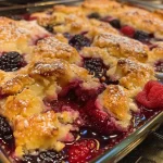 Close-up of a warm Mixed Berry Cobbler with a golden brown topping and vibrant berries peeking through.