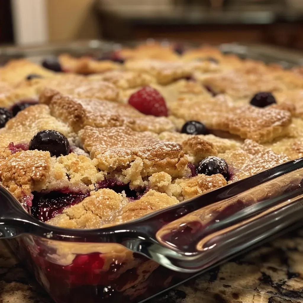 Side view of a baked Mixed Berry Cobbler, showcasing its crispy crust and juicy berry filling.