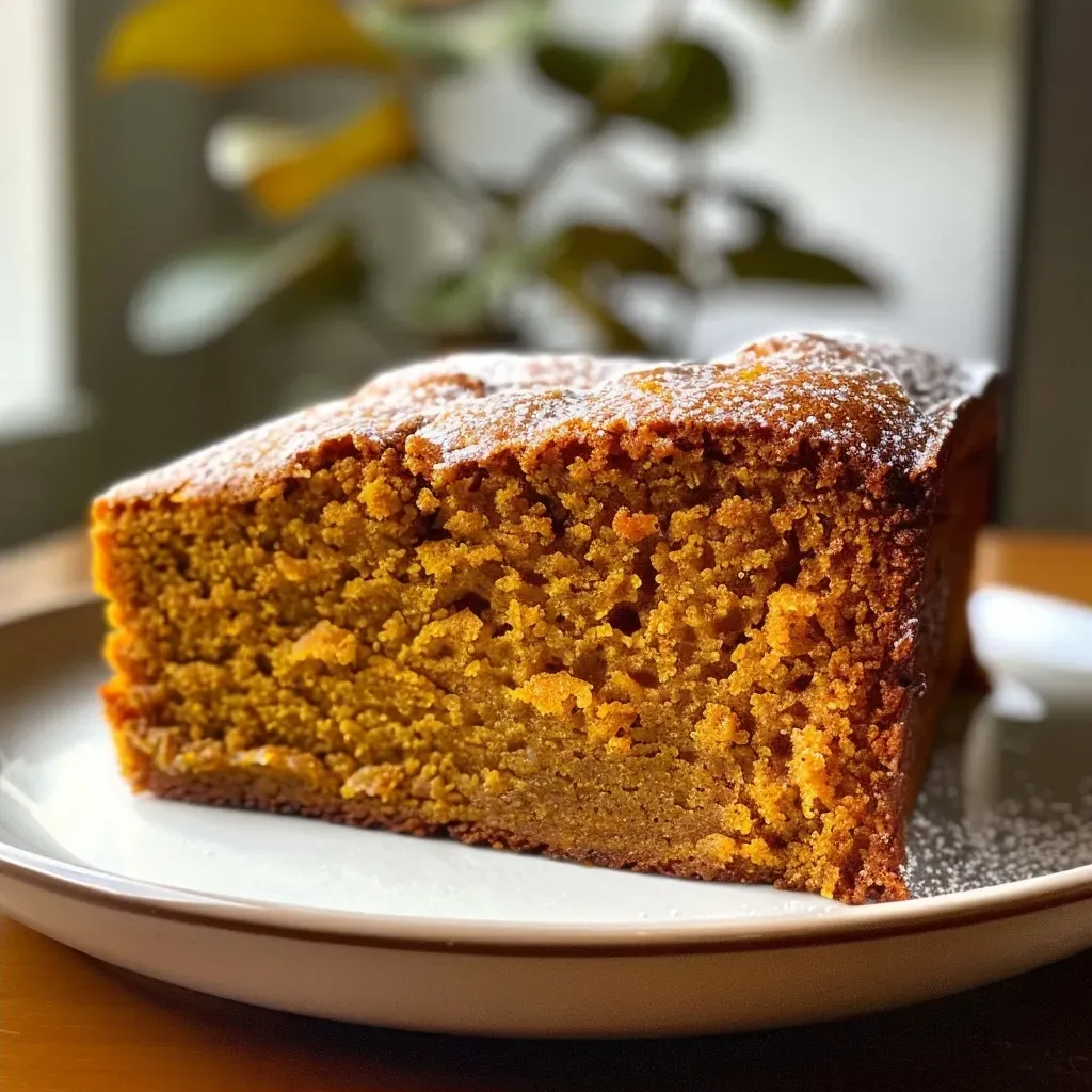 Detailed view of a slice of delicious pumpkin cake highlighting its moist texture.