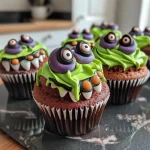 Close-up view of colorful Monster Halloween cupcakes with edible eyes.