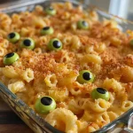 Close-up side view of a creamy Monster Mac and Cheese with candy eyeballs.