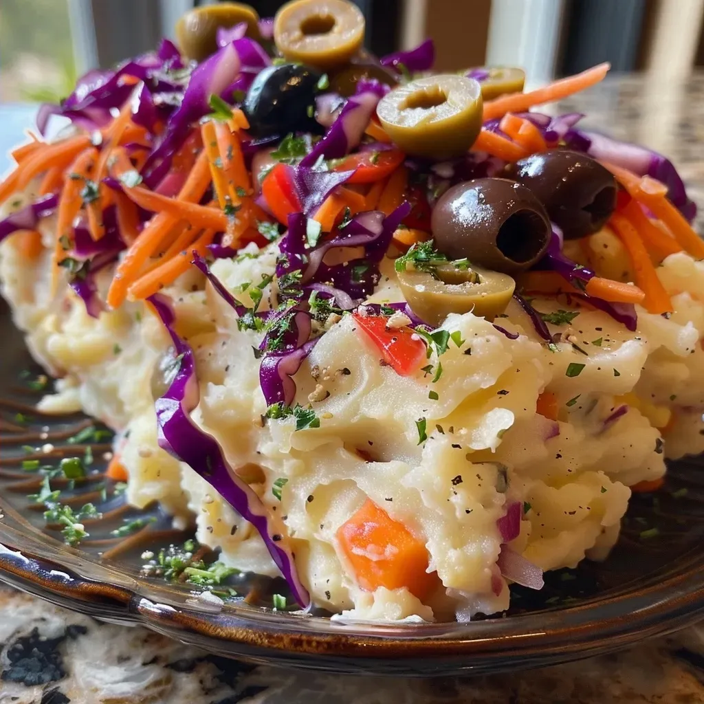 Side view of a vibrant Monster Mash made with mashed potatoes, sliced olives, and shredded carrots on a plate.
