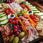 A close-up of a Mummy Charcuterie Board featuring various cheeses and turkey slices, styled with olives and herbs.