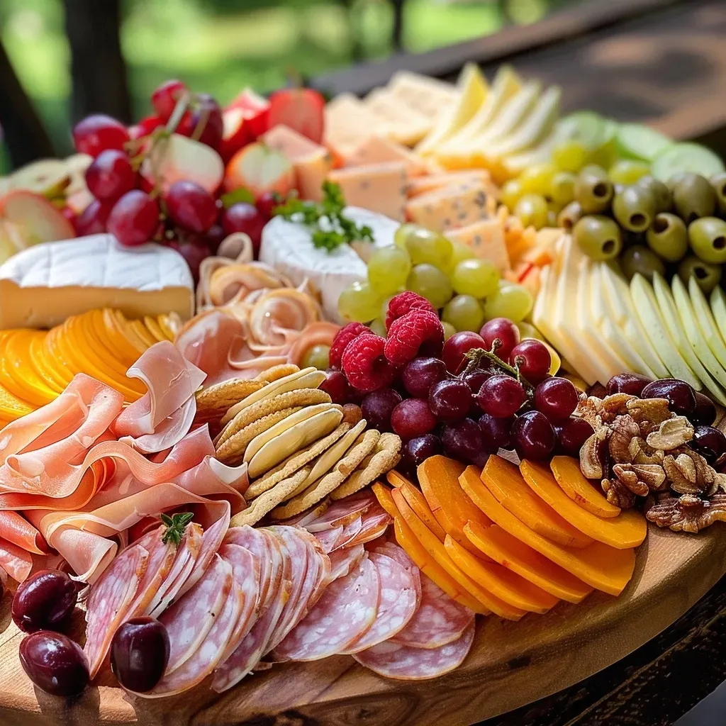 Side view of a Mummy Charcuterie Board with assorted cheeses, turkey, fresh fruits, and decorative elements like olives.