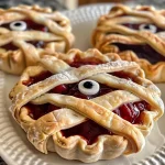 Close-up view of Halloween-themed pies shaped like mummies, featuring candy eyes.