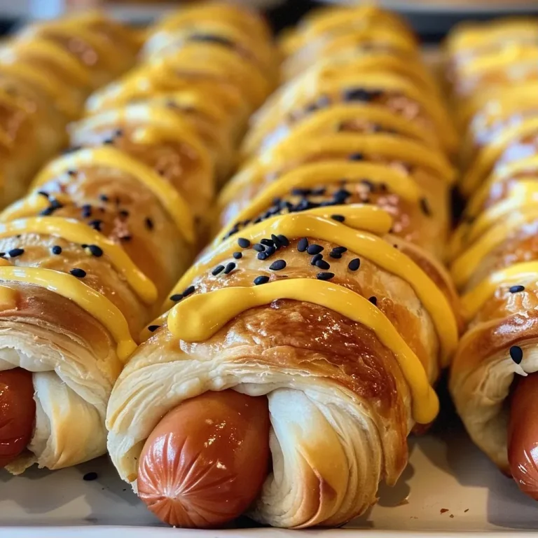Spooktacular Mummy Hot Dogs: A Fun and Easy Halloween Treat Close-up view of Mummy Hot Dogs wrapped in crescent roll dough with facial features.