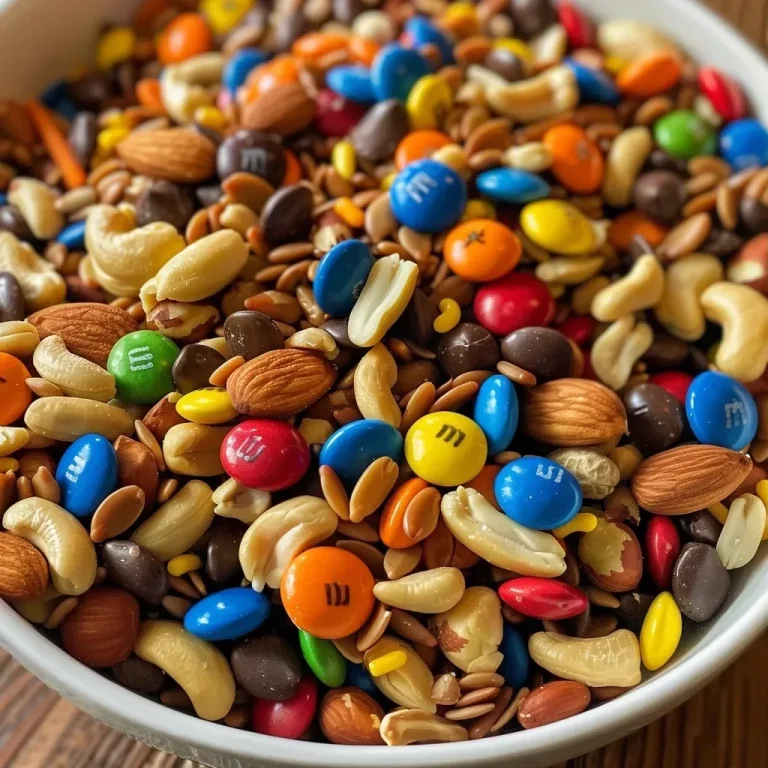 A close-up side view of a colorful Munch Trail Mix with various nuts, candy eyeballs, and festive sprinkles.