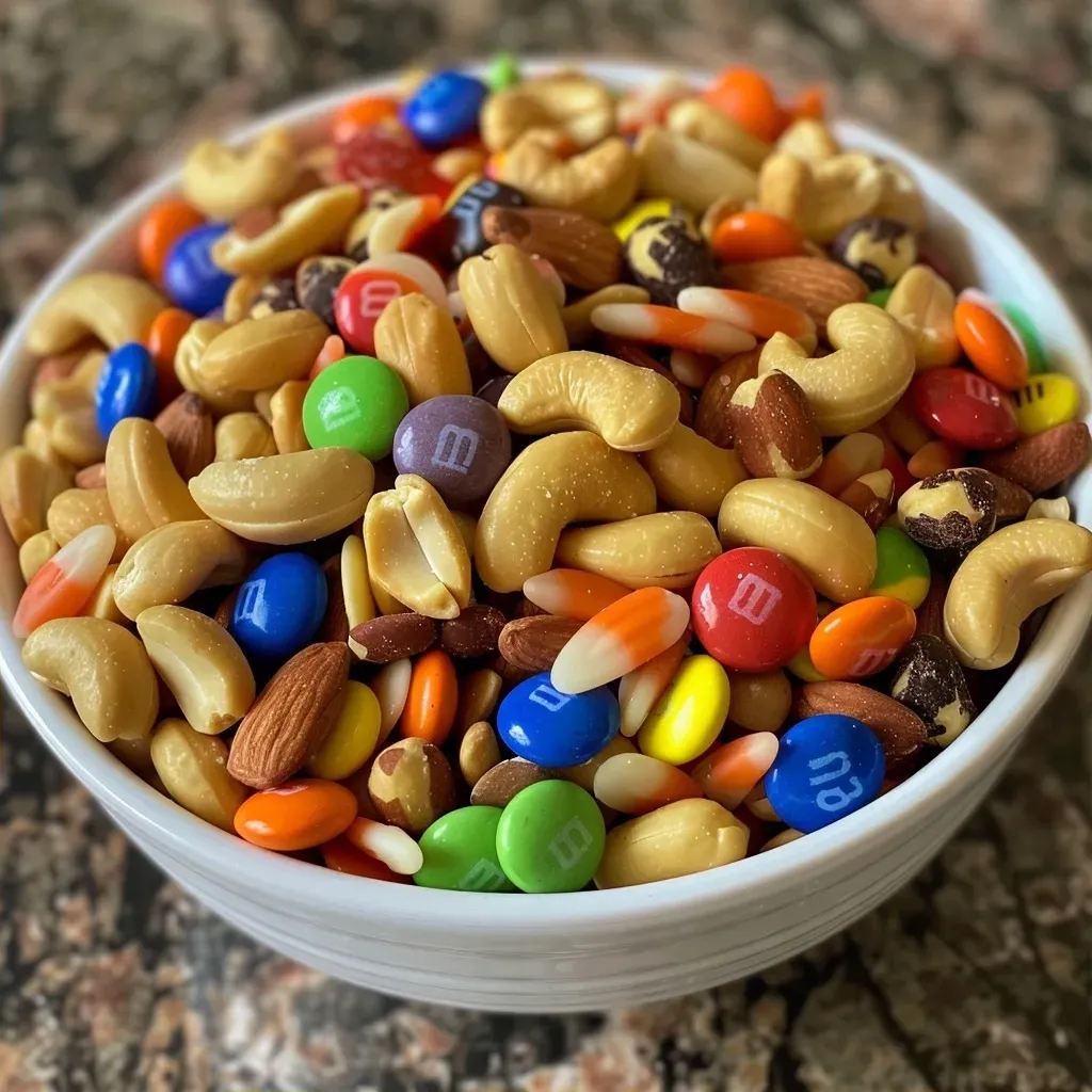 A vibrant assortment of Munch Trail Mix featuring peanuts, mixed nuts, sesame sticks, and Halloween-themed candy.