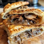 Side view of golden-brown Mushroom and Chestnut Pies on a white plate.
