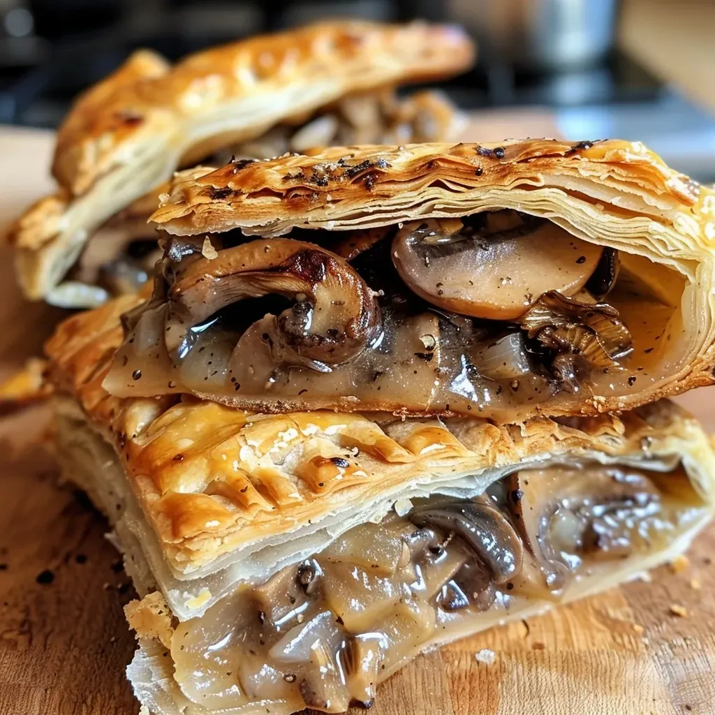 Side view of golden-brown Mushroom and Chestnut Pies on a white plate.