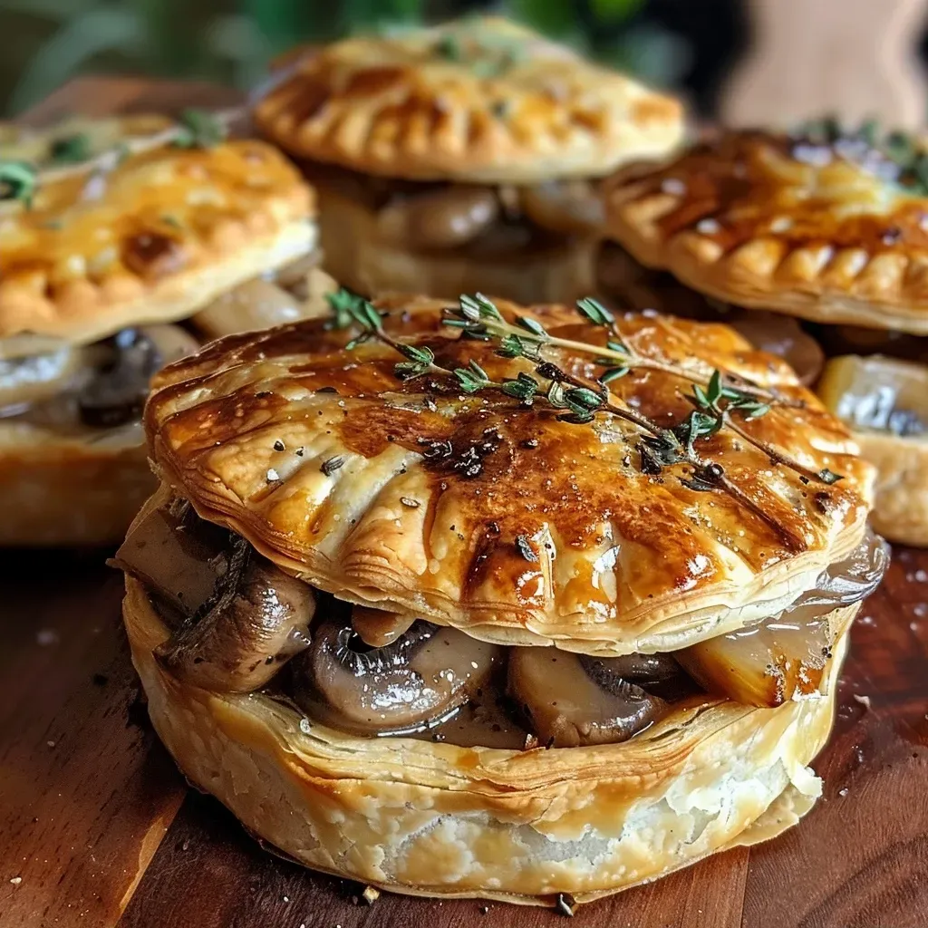 Juicy Mushroom and Chestnut Pies with a flaky crust displayed on a rustic wooden table.
