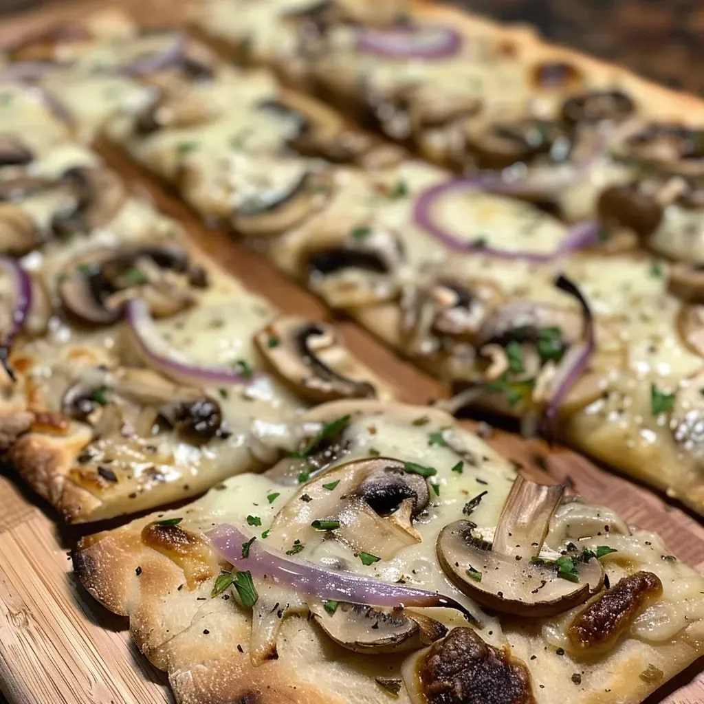 Side shot of a flatbread featuring sautéed mushrooms and melted Fontina cheese.