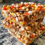 Close-up side view of layered no-bake candy corn peanut butter bars with colorful candy corn on top.