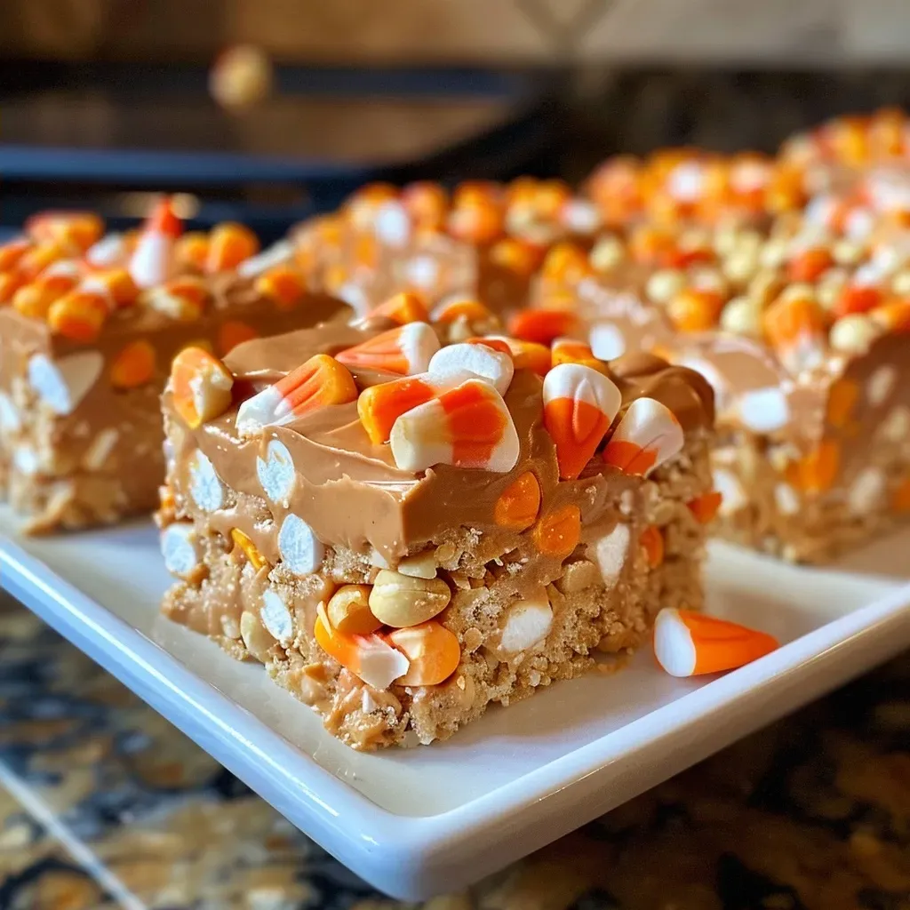A side view of decadent no-bake candy corn peanut butter bars, showcasing rich peanut butter and butterscotch layers.