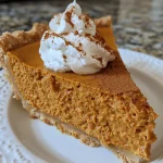 Close-up of a slice of No Bake Pumpkin Pie on a plate, showing creamy filling and a crust.