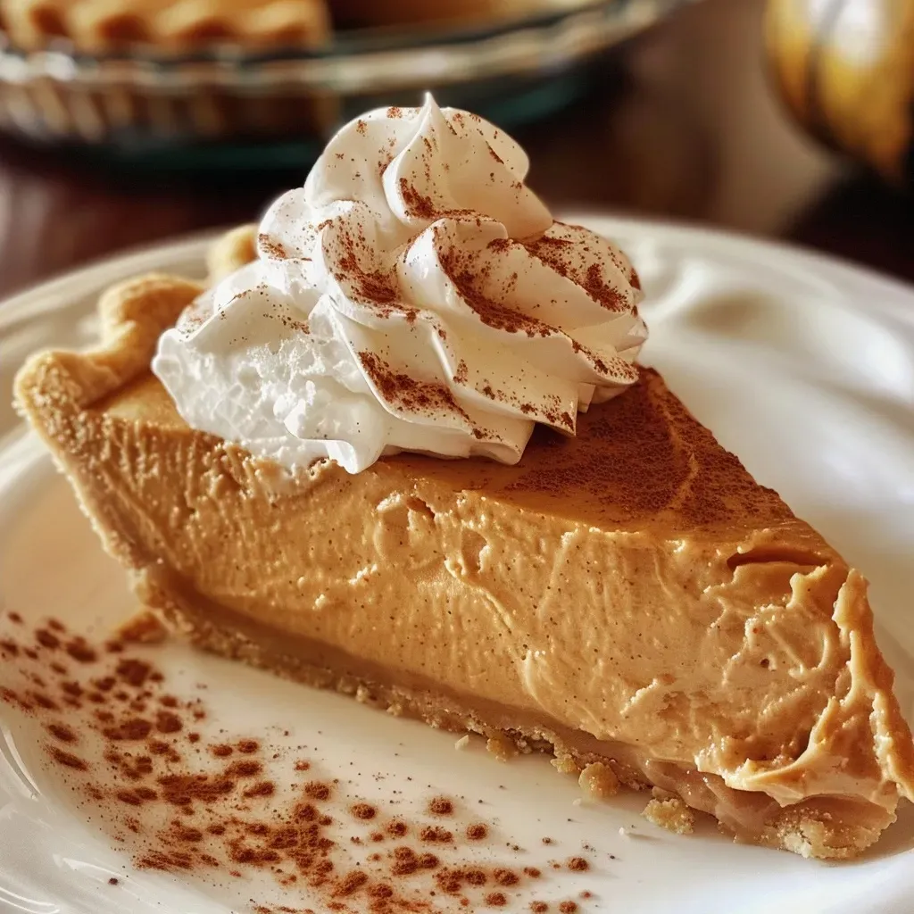 Side view of a whole No Bake Pumpkin Pie with a golden crust and whipped cream topping.