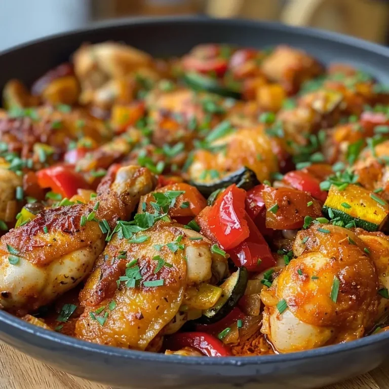 Close-up view of a plate of One Pot Paprika Chicken with colorful vegetables.