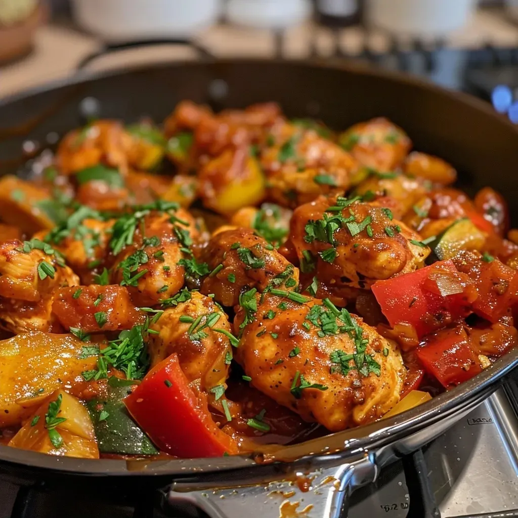 Juicy One Pot Paprika Chicken served with red pepper and courgette, garnished with chives.